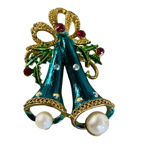 Long Two Bell Christmas Holiday Brooch Pin Holly Faux Pearls Rhinestone Bows - Picture 1 of 16